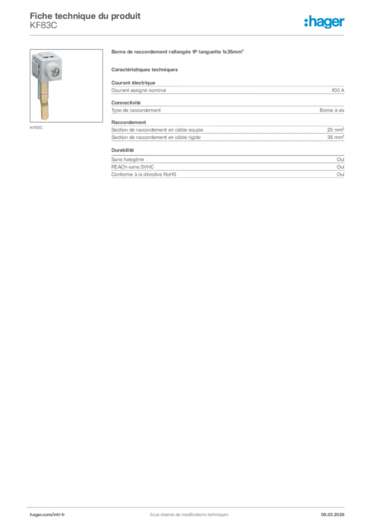 Image Hager Fiche technique du produit KF83C | Hager Afrique