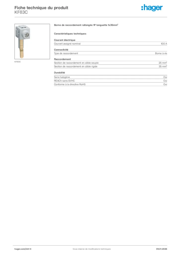 Image Hager Fiche technique du produit KF83C | Hager Afrique