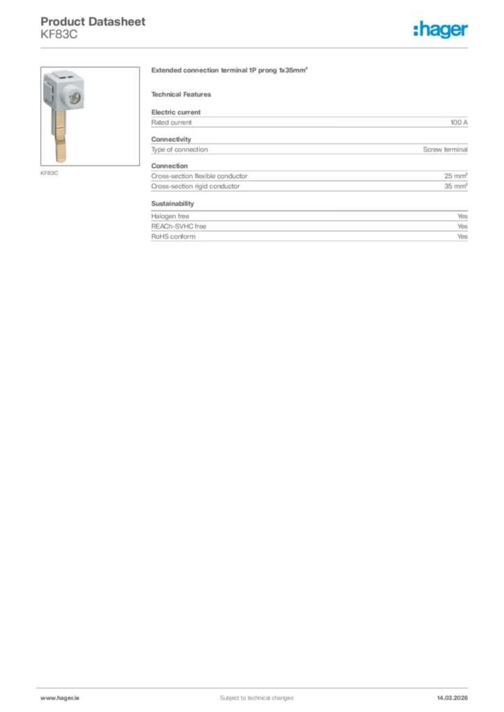 Image Hager Product data sheet KF83C  | Hager