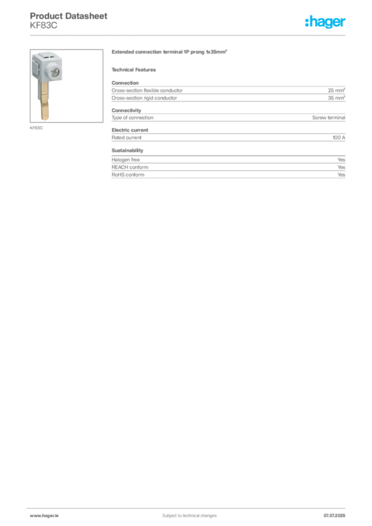 Image Hager Product data sheet KF83C  | Hager