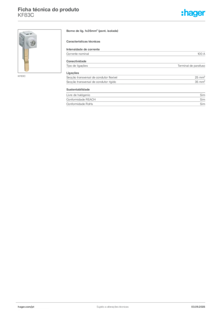 Imagem Hager Ficha técnica do produto KF83C | Hager Portugal