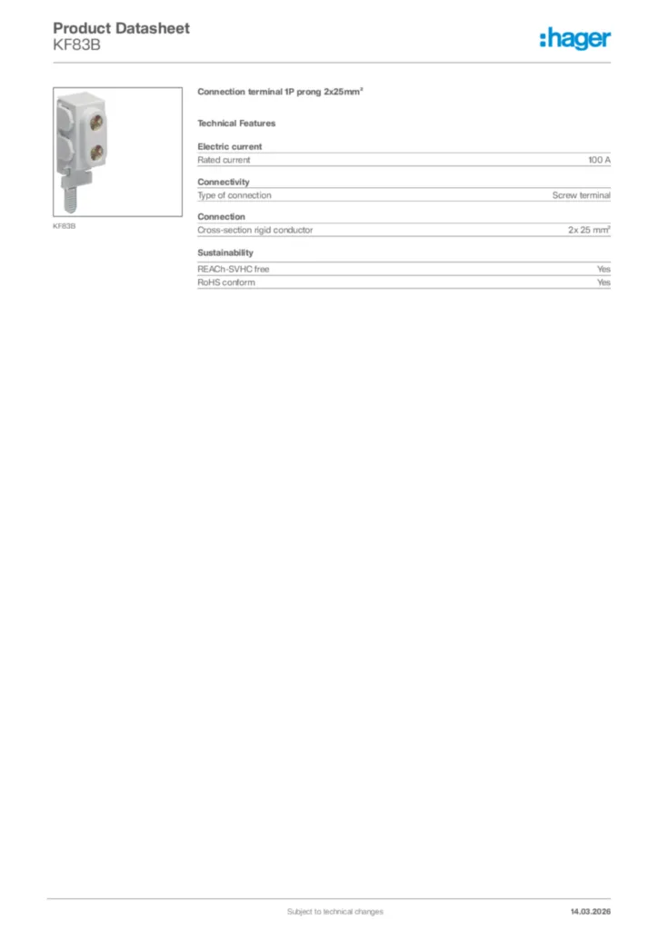 Image Hager Product data sheet KF83B  | Hager Africa