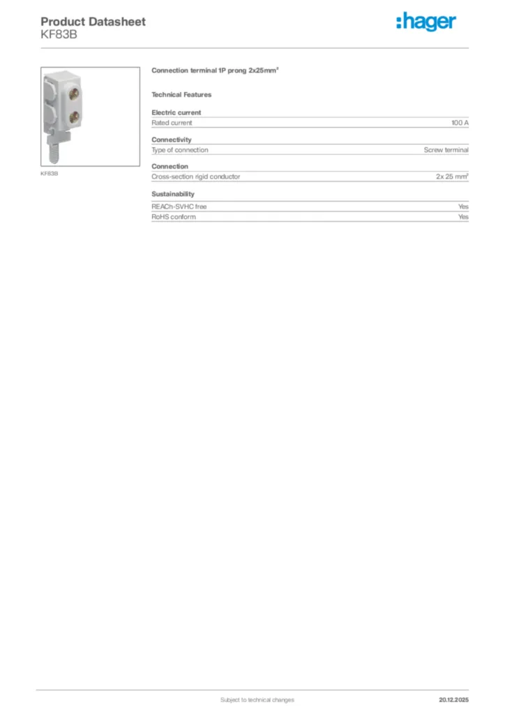 Image Hager Product data sheet KF83B  | Hager Africa