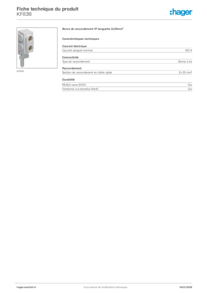 Image Hager Fiche technique du produit KF83B | Hager Afrique