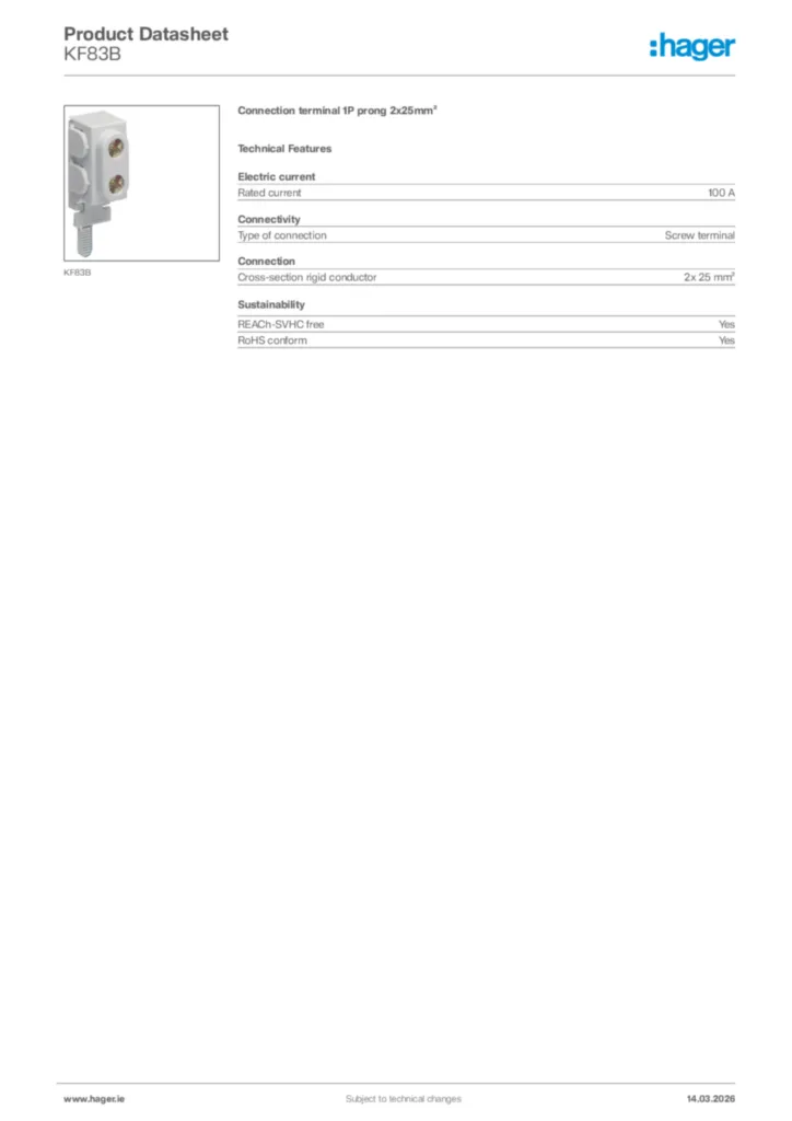 Image Hager Product data sheet KF83B  | Hager