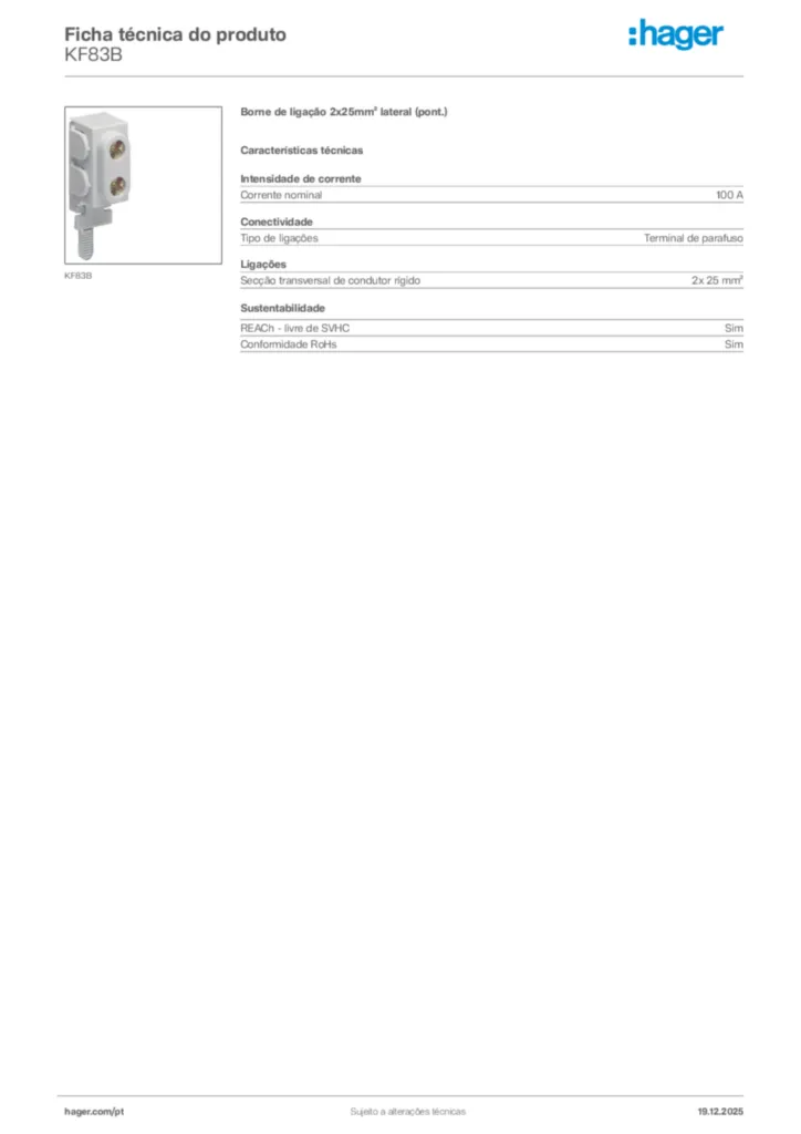 Imagem Hager Ficha técnica do produto KF83B | Hager Portugal