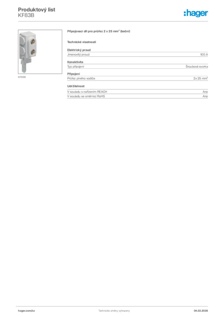 Obrázek Hager Product data sheet KF83B | Hager