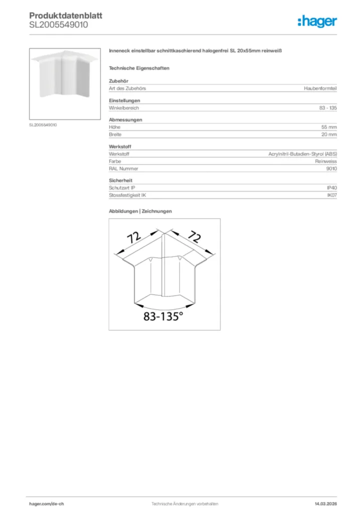 Bild Hager Produktdatenblatt SL2005549010 | Hager Schweiz