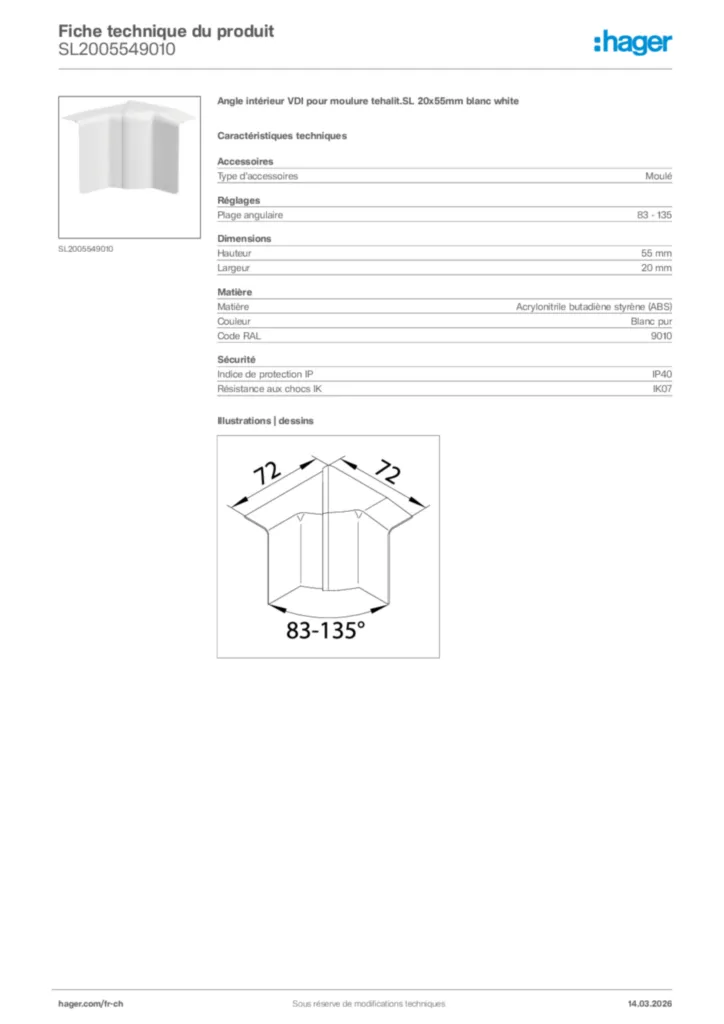 Image Hager Fiche technique du produit SL2005549010 | Hager Suisse