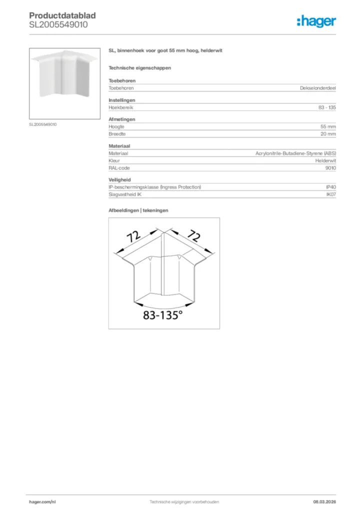 Afbeelding Hager Productdatablad SL2005549010 | Hager Nederland