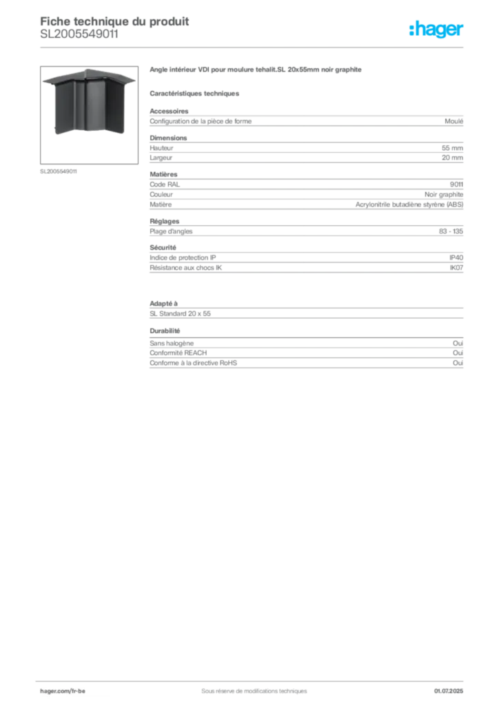 Image Hager Fiche technique du produit SL2005549011 | Hager Belgique