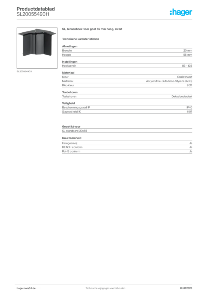 Afbeelding Hager Productdatablad SL2005549011 | Hager Belgium