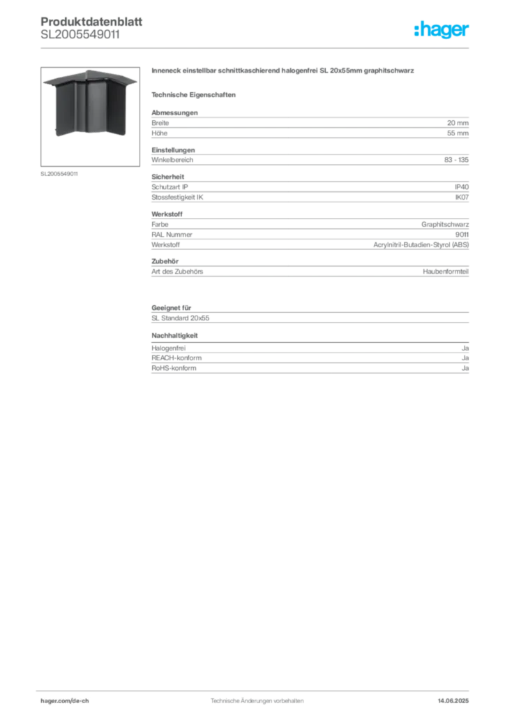 Bild Hager Produktdatenblatt SL2005549011 | Hager Schweiz