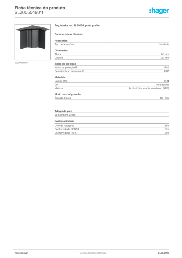 Imagem Hager Ficha técnica do produto SL2005549011 | Hager Portugal