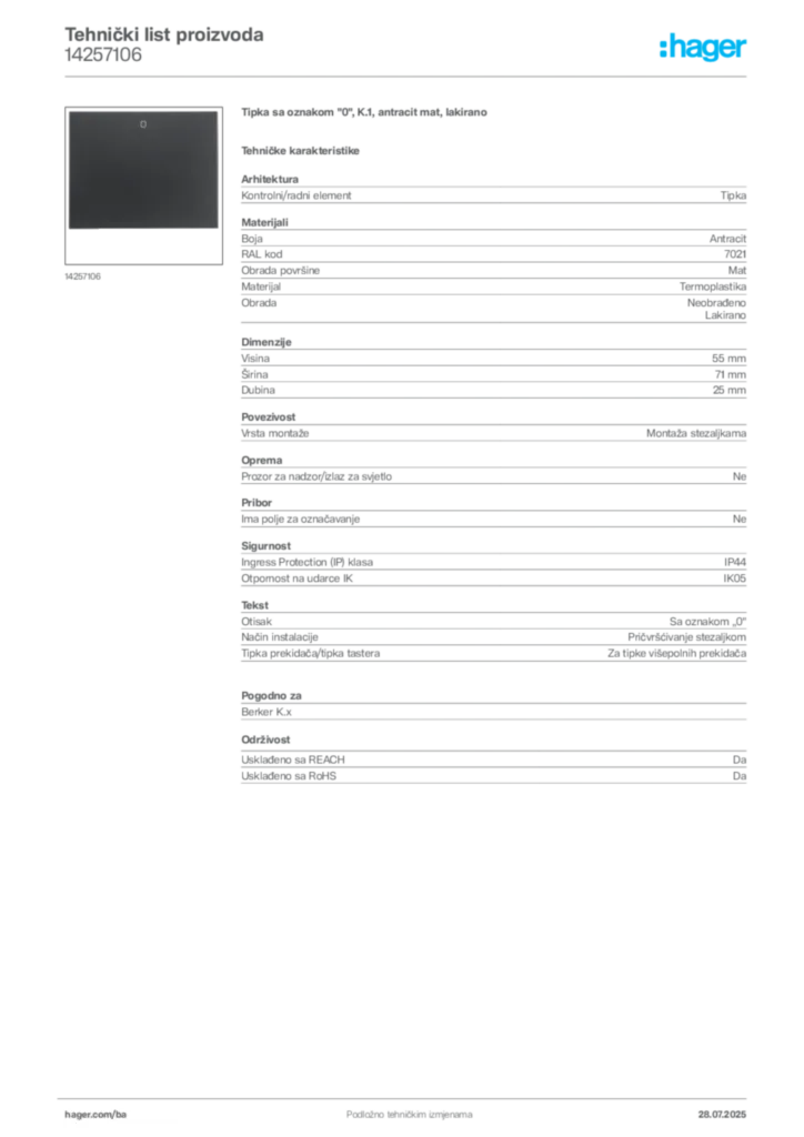 Slika Hager Product data sheet 14257106  | Hager