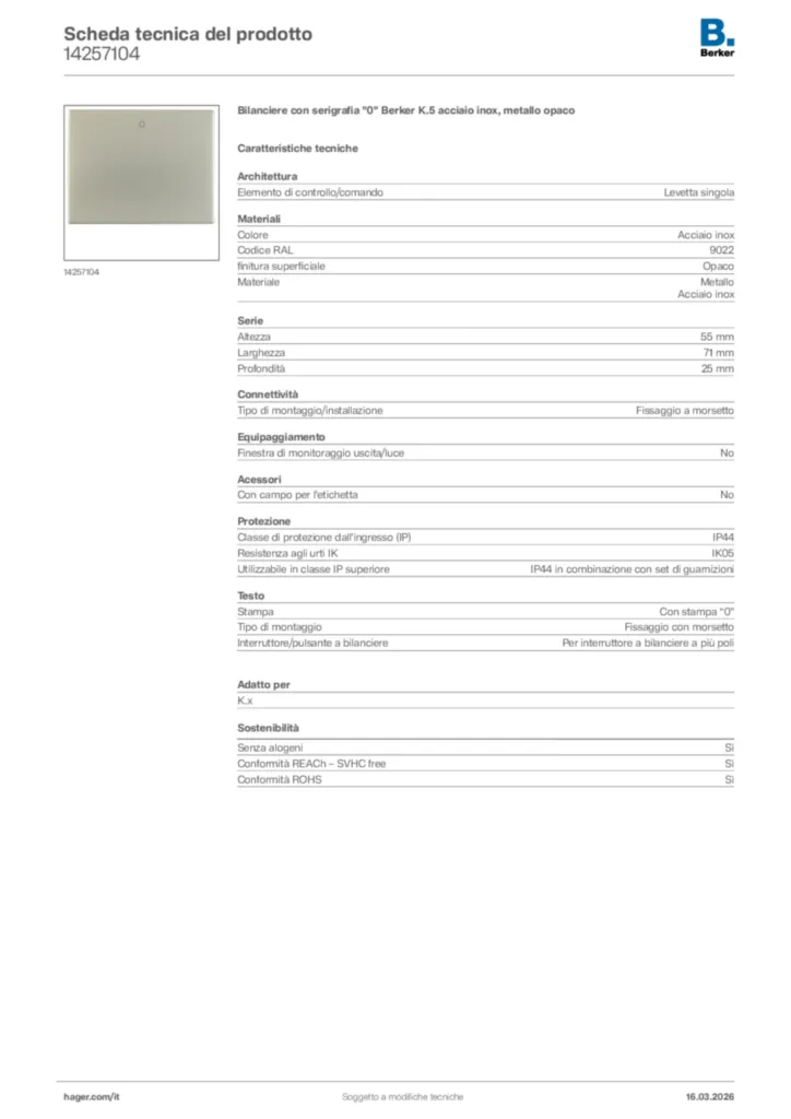 Immagine Berker Scheda tecnica del prodotto 14257104 | Hager Italia