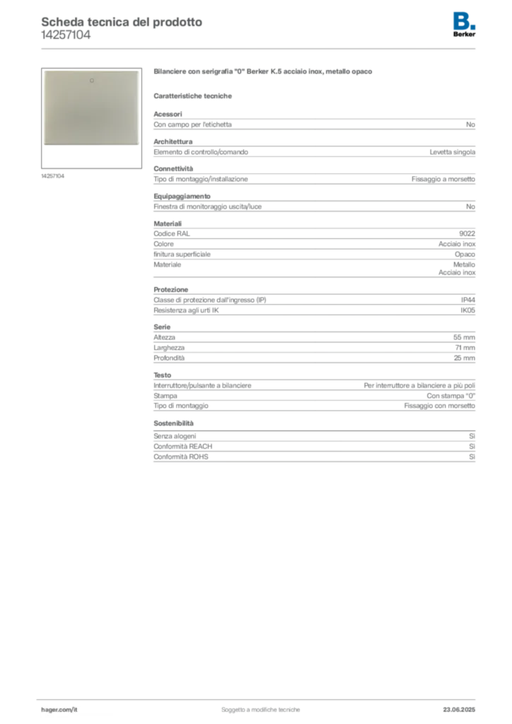 Immagine Berker Scheda tecnica del prodotto 14257104 | Hager Italia