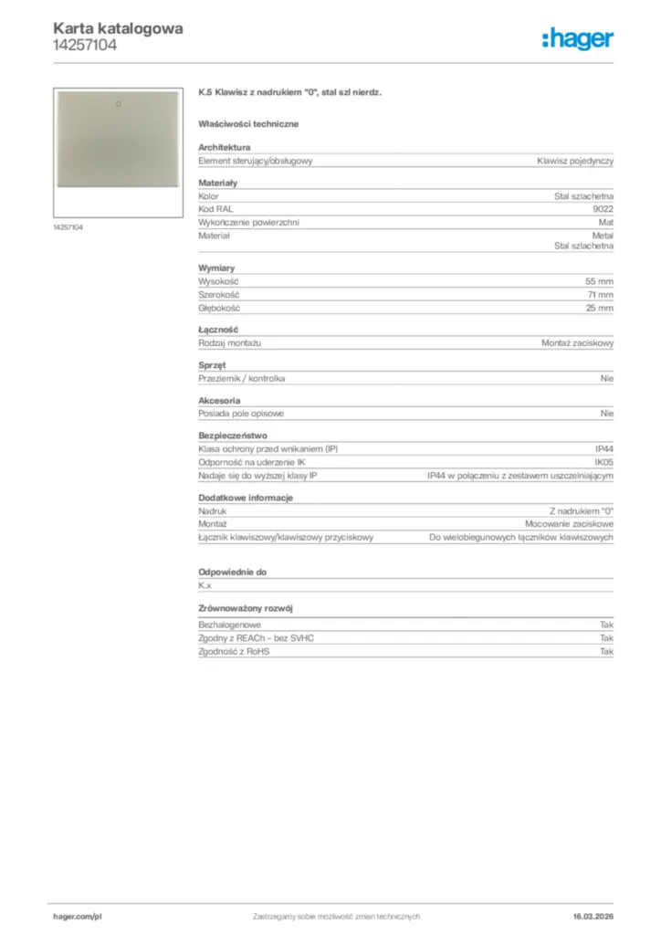 Zdjęcie Hager Karta katalogowa 14257104 | Hager Polska