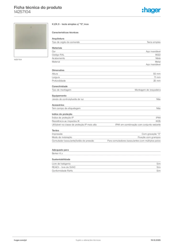 Imagem Hager Ficha técnica do produto 14257104 | Hager Portugal