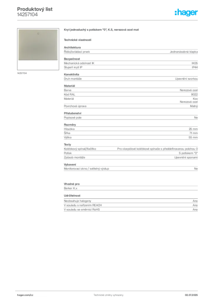 Obrázek Hager Produktový list 14257104 | Hager
