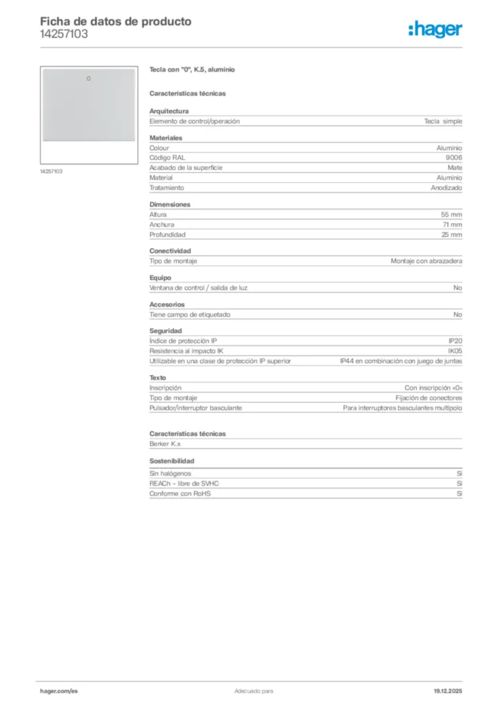 Imagen Hager Ficha de datos de producto 14257103 | Hager España