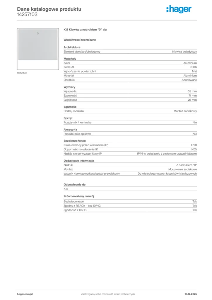 Zdjęcie Hager Karta katalogowa 14257103 | Hager Polska
