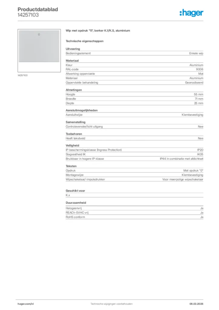 Afbeelding Hager Productdatablad 14257103 | Hager Nederland