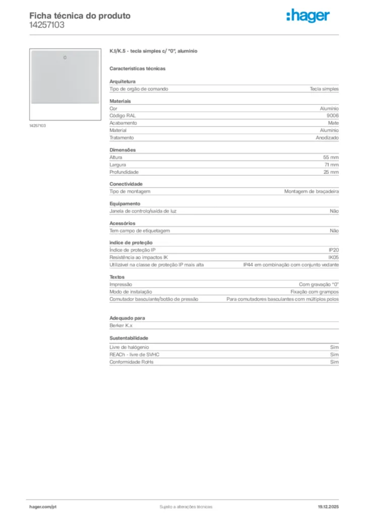 Imagem Hager Ficha técnica do produto 14257103 | Hager Portugal