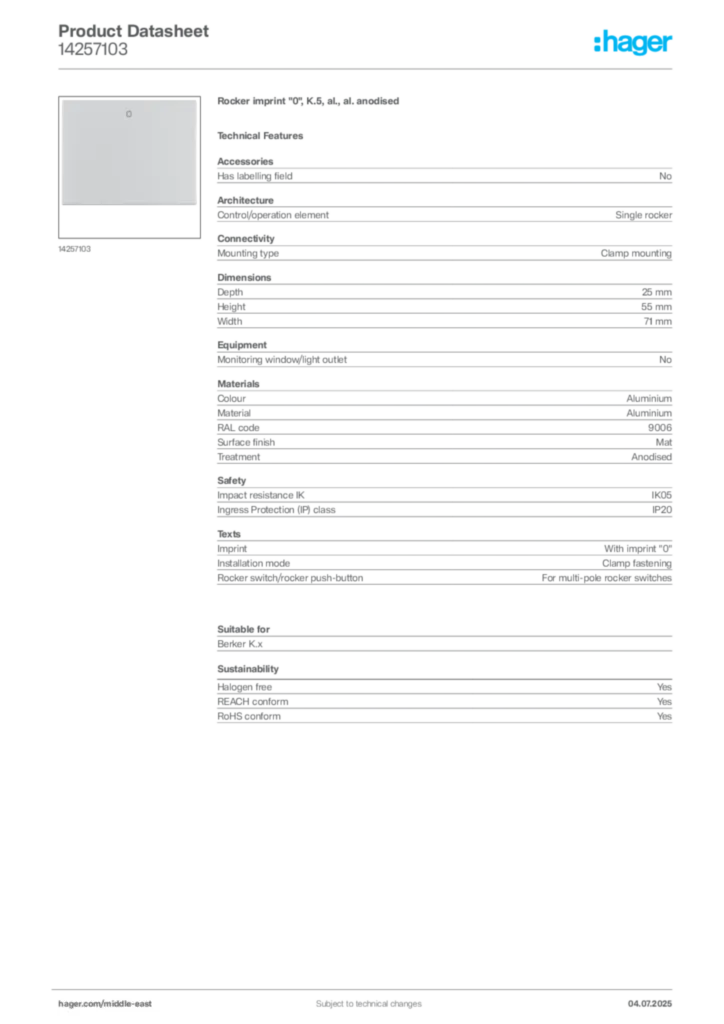 Image Hager Product data sheet 14257103  | Hager