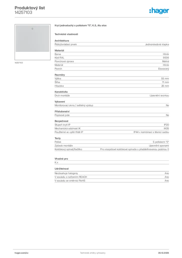 Obrázek Hager Produktový list 14257103 | Hager