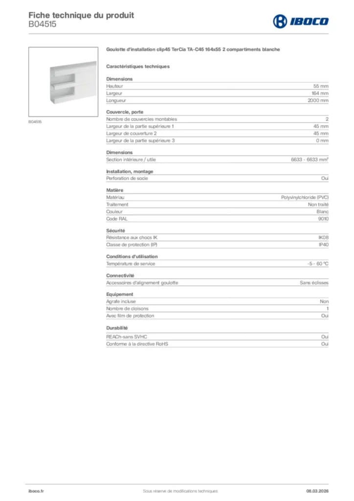 Image Iboco Fiche technique du produit B04515 | Hager France