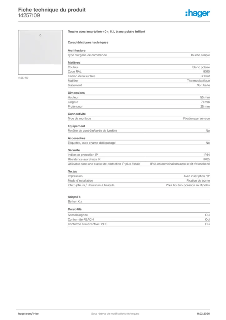 Image Hager Fiche technique du produit 14257109 | Hager Belgique