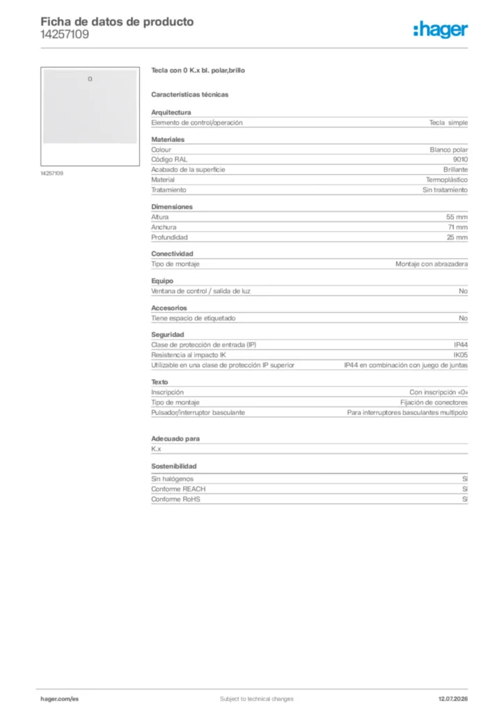 Imagen Hager Ficha de datos de producto 14257109 | Hager España