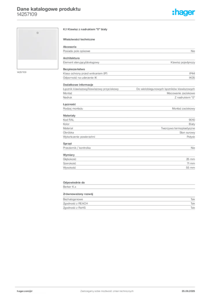 Zdjęcie Hager Karta katalogowa 14257109 | Hager Polska