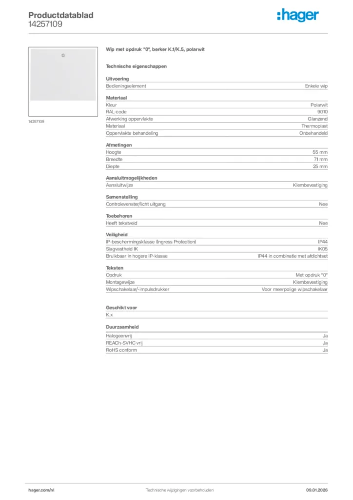 Afbeelding Hager Productdatablad 14257109 | Hager Nederland