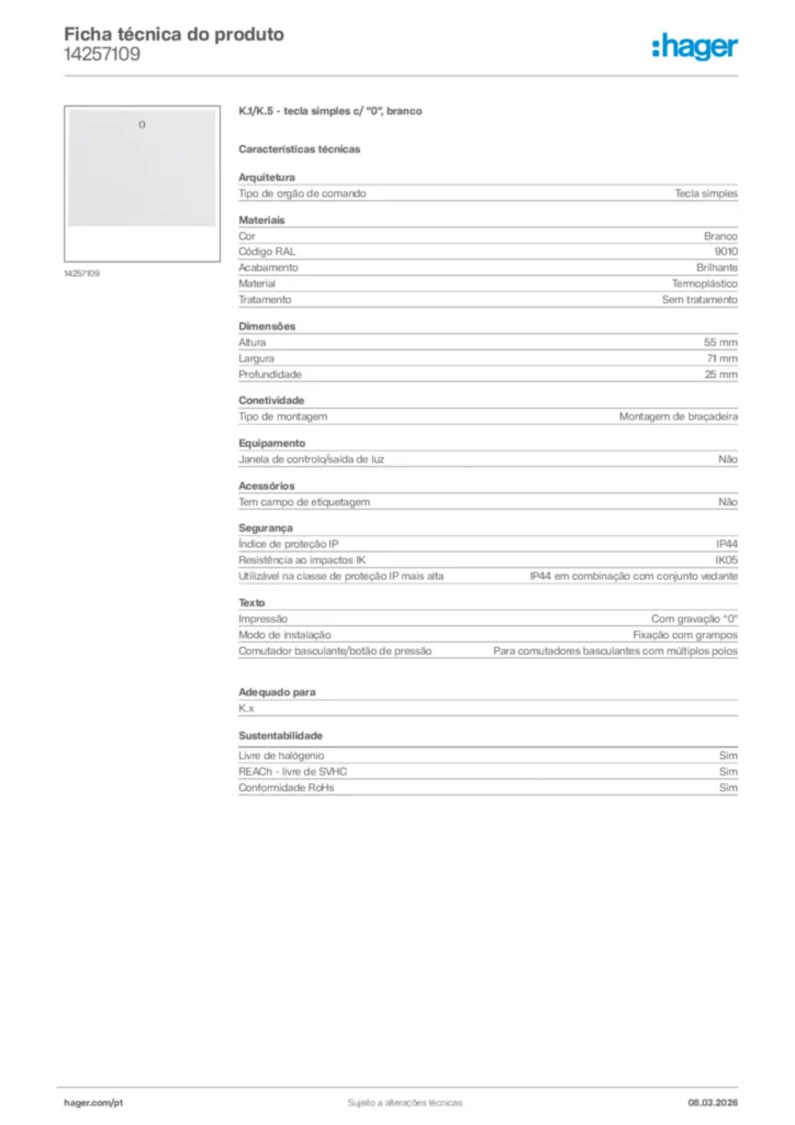 Imagem Hager Ficha técnica do produto 14257109 | Hager Portugal