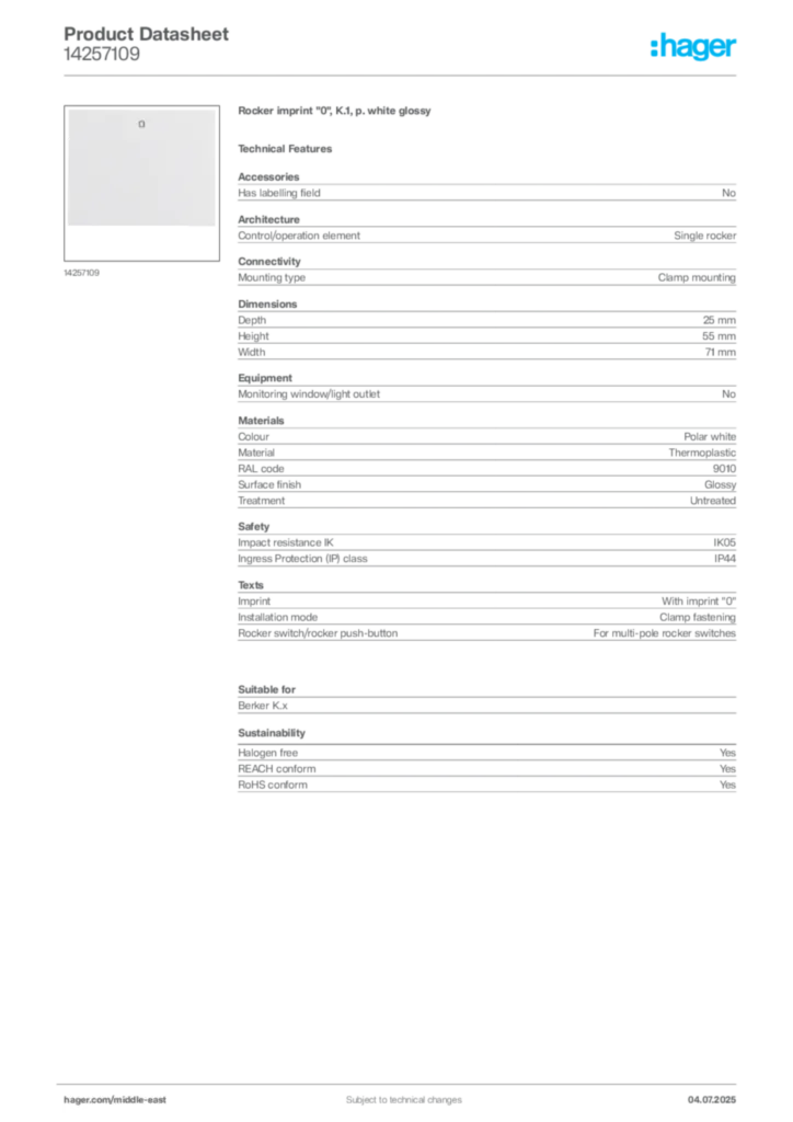 Image Hager Product data sheet 14257109  | Hager