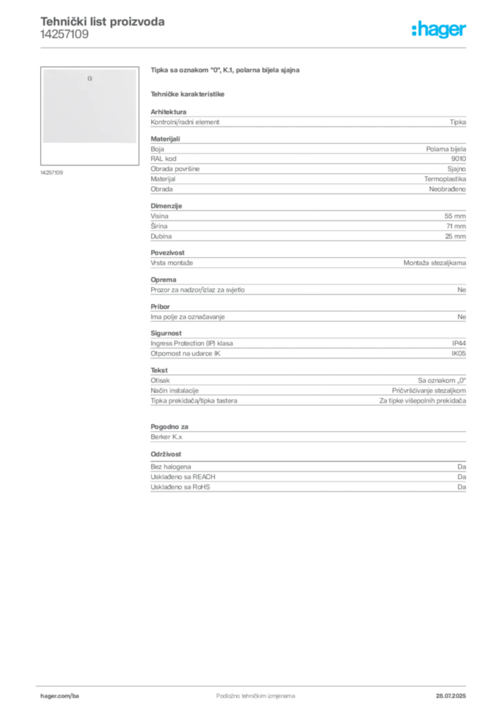 Slika Hager Product data sheet 14257109  | Hager