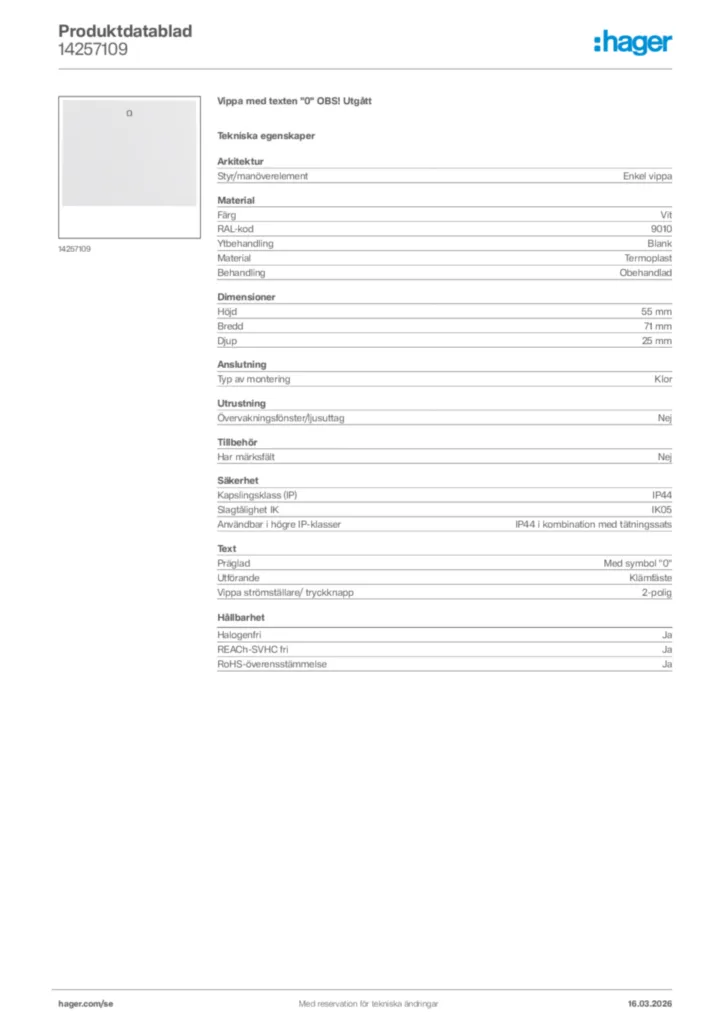 Bild Hager Produktdatablad 14257109 | Hager Sverige