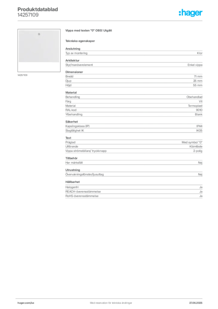 Bild Hager Produktdatablad 14257109 | Hager Sverige