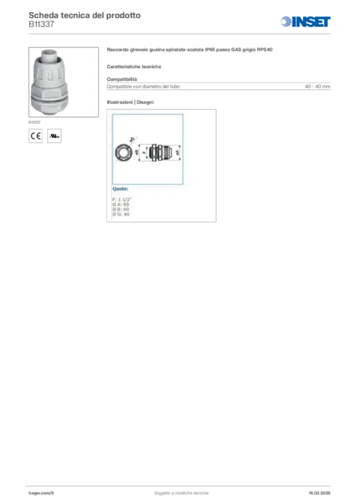 Immagine Inset Scheda tecnica del prodotto B11337 | Hager Italia