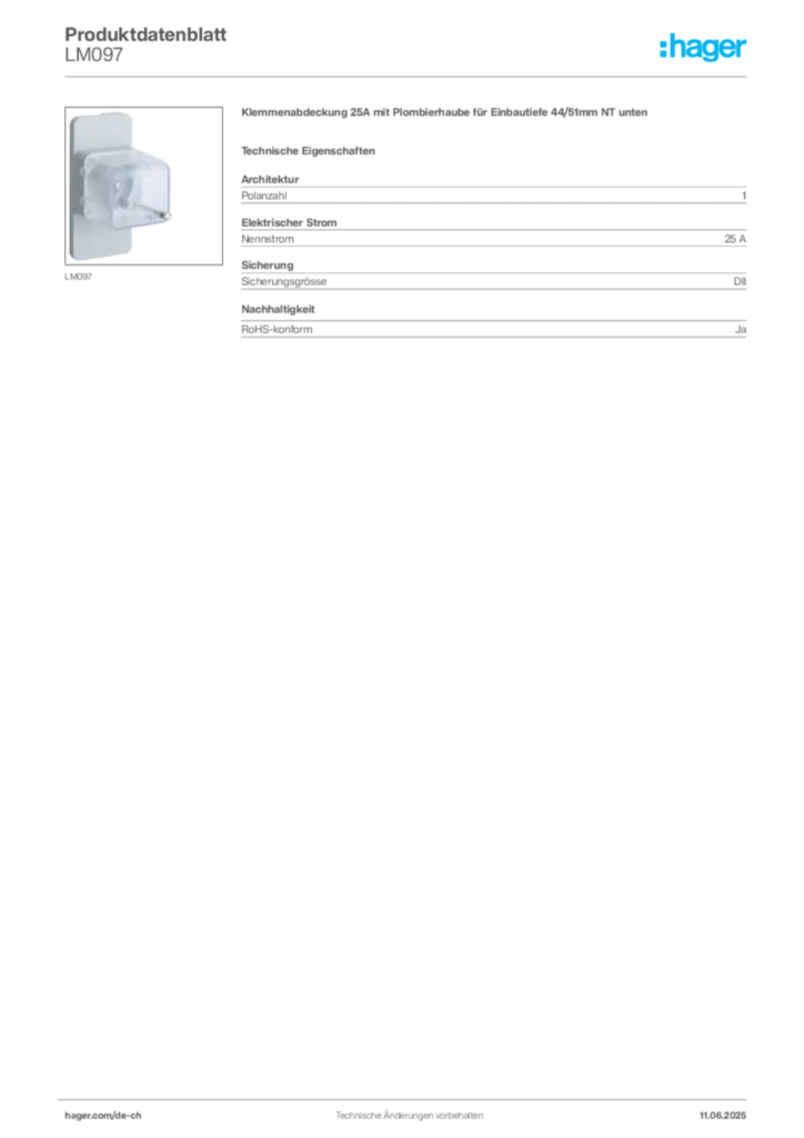 Bild Hager Produktdatenblatt LM097 | Hager Schweiz