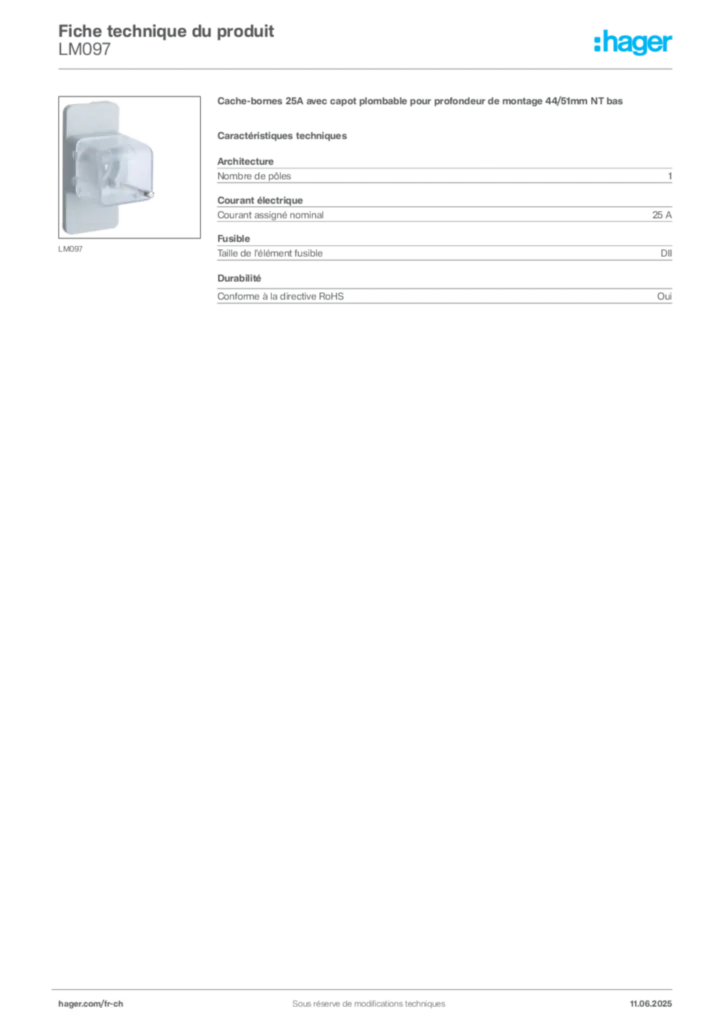 Image Hager Fiche technique du produit LM097 | Hager Suisse