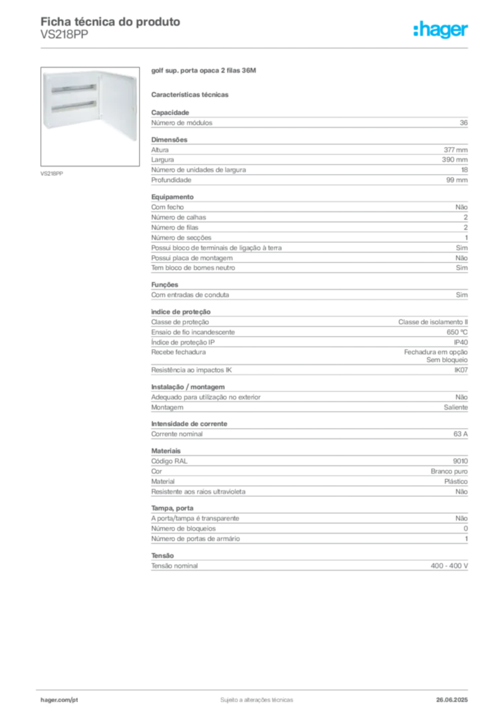 Imagem Hager Ficha técnica do produto VS218PP | Hager Portugal
