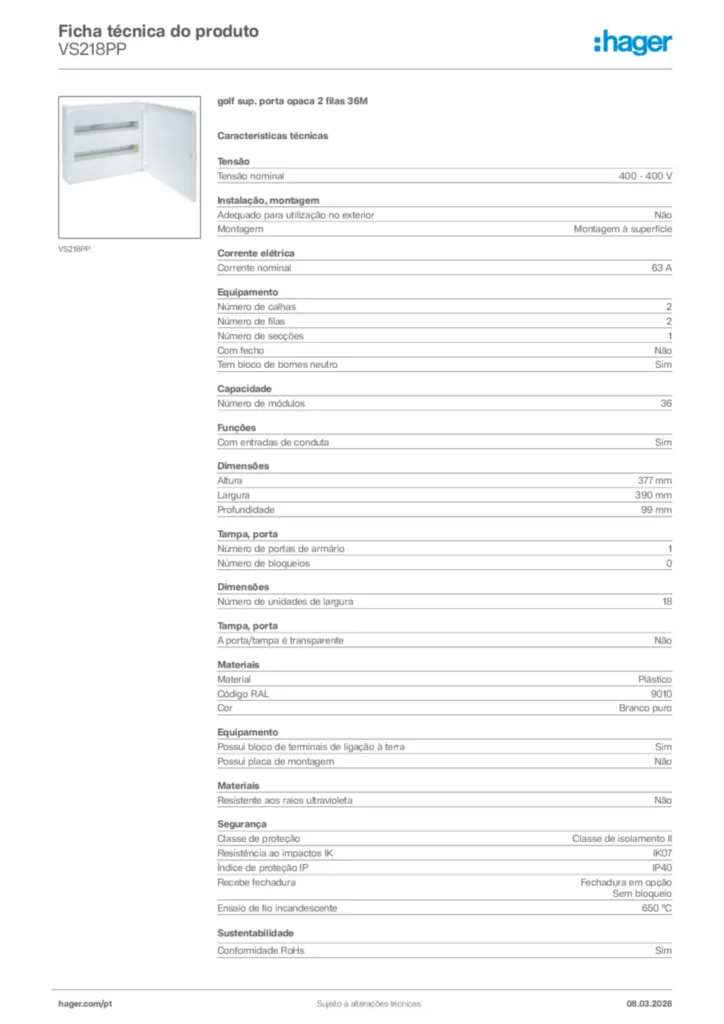 Imagem Hager Ficha técnica do produto VS218PP | Hager Portugal