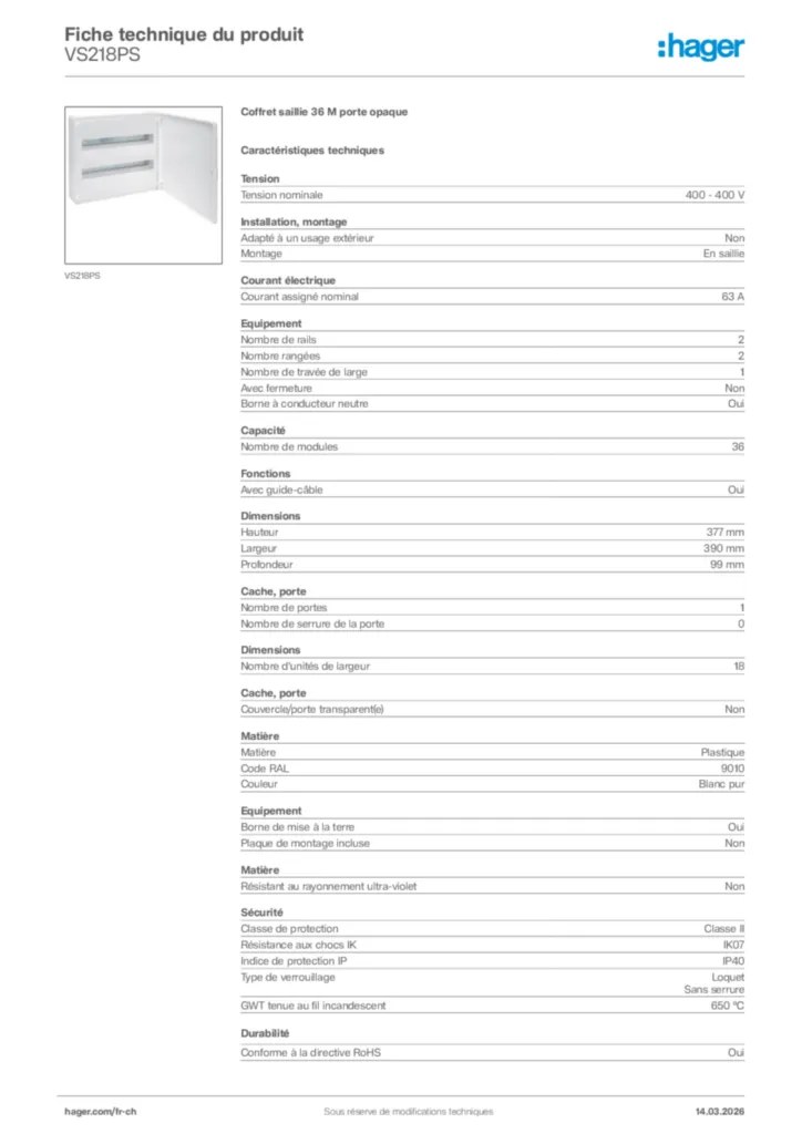 Image Hager Fiche technique du produit VS218PS | Hager Suisse