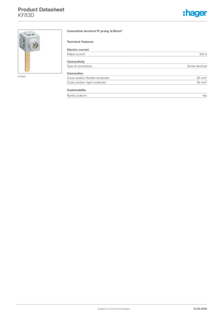 Image Hager Product data sheet KF83D  | Hager Africa