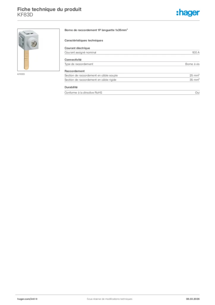 Image Hager Fiche technique du produit KF83D | Hager Afrique
