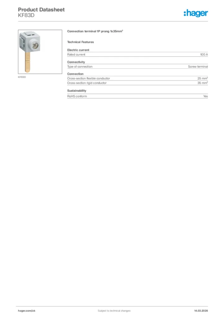 Image Hager Product data sheet KF83D  | Hager
