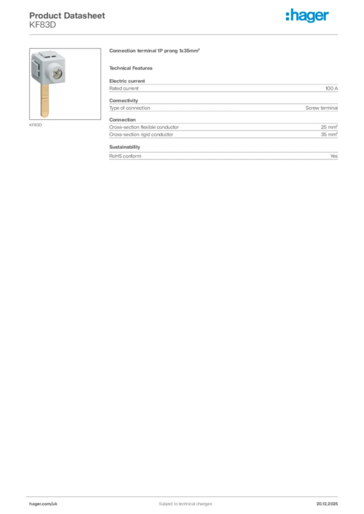 Image Hager Product data sheet KF83D  | Hager